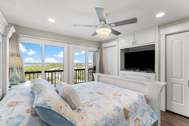 bedroom with access to outside, a closet, dark hardwood / wood-style flooring, and ceiling fan