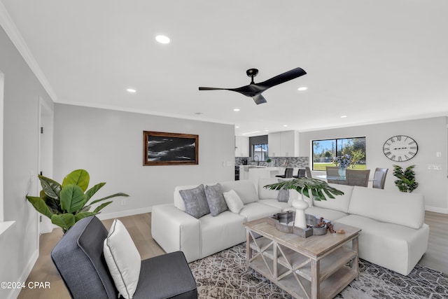 living room featuring light hardwood / wood-style floors, crown molding, sink, and ceiling fan