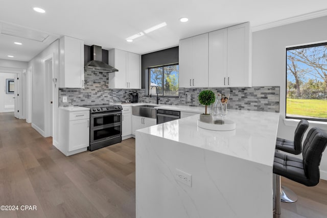 kitchen with wall chimney exhaust hood, sink, kitchen peninsula, white cabinets, and appliances with stainless steel finishes