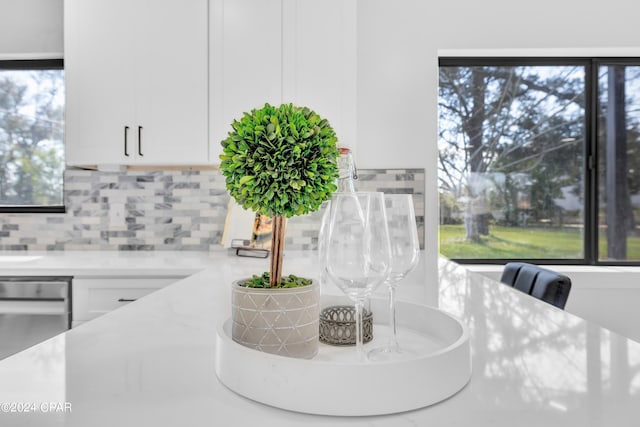 details featuring light stone counters, dishwasher, backsplash, and white cabinets