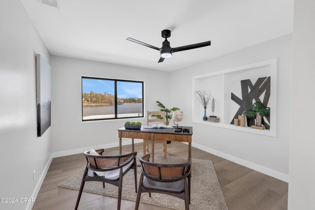 office area featuring ceiling fan and hardwood / wood-style floors