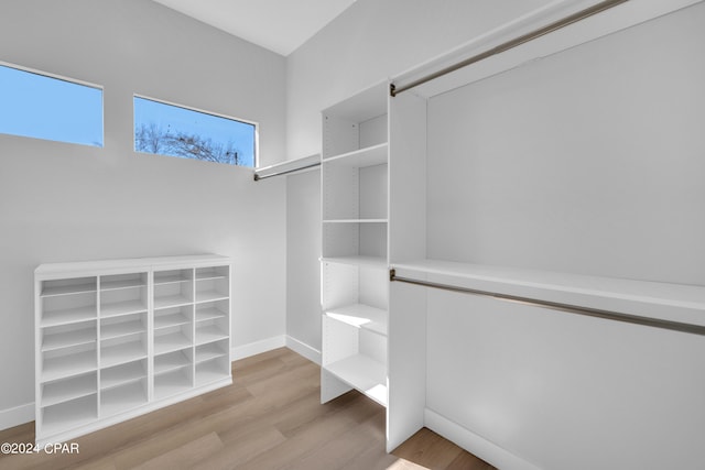 walk in closet with light hardwood / wood-style flooring