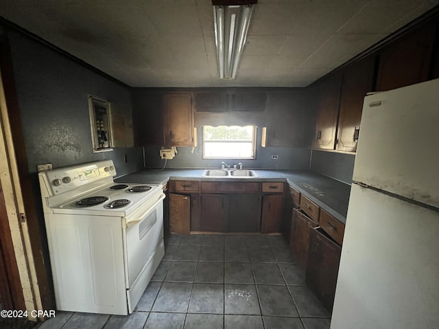 kitchen with sink, white appliances, and dark tile patterned flooring