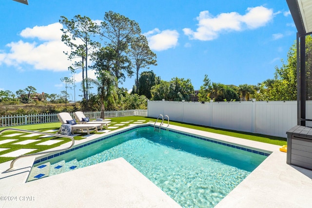 view of pool with a lawn and a patio area