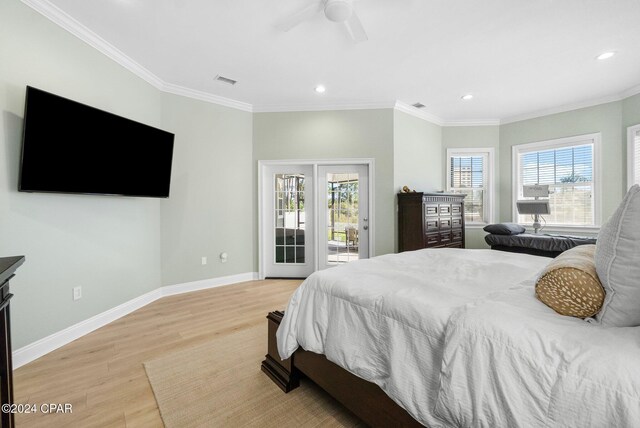 bedroom with light wood-type flooring, ceiling fan, french doors, ornamental molding, and access to exterior