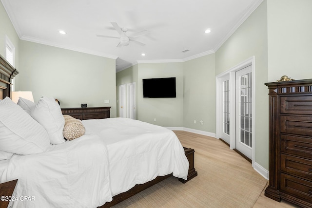 bedroom featuring ceiling fan, crown molding, and access to outside