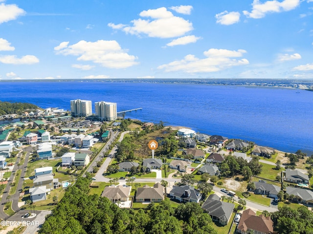 drone / aerial view with a water view