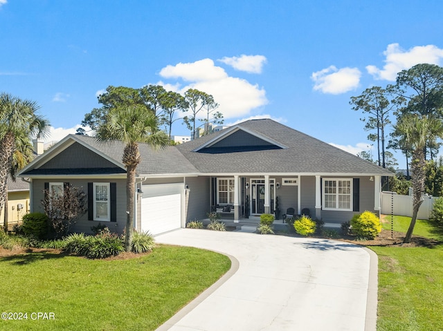 single story home featuring a garage, a porch, and a front lawn