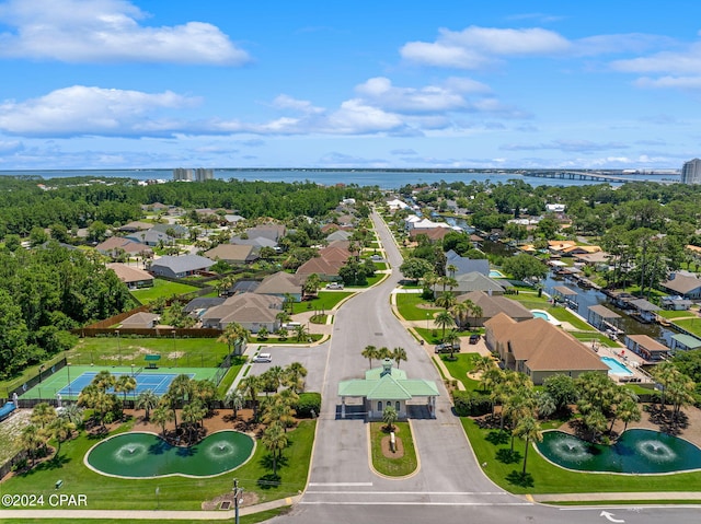 bird's eye view with a water view