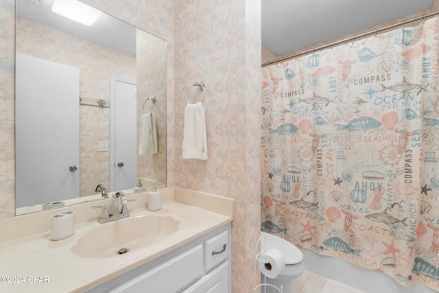 bathroom with tile patterned flooring, vanity, and shower / bathtub combination with curtain