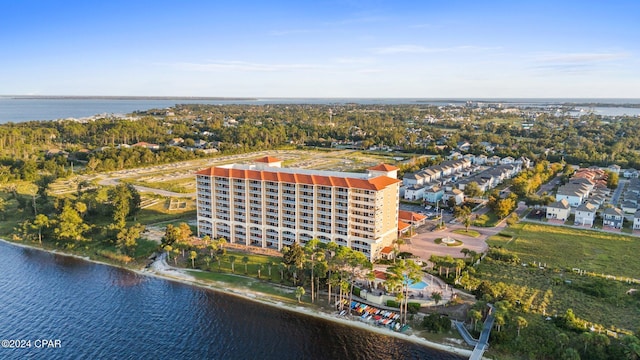 drone / aerial view featuring a water view