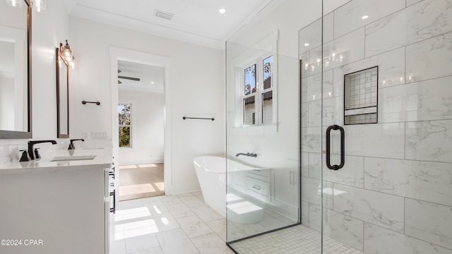 bathroom with vanity and separate shower and tub