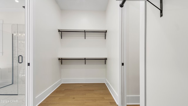 walk in closet with light wood-type flooring