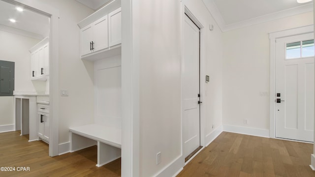 mudroom featuring ornamental molding, electric panel, and hardwood / wood-style floors