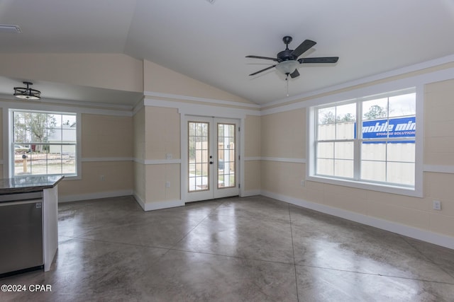 unfurnished room with ceiling fan, lofted ceiling, a wealth of natural light, and french doors