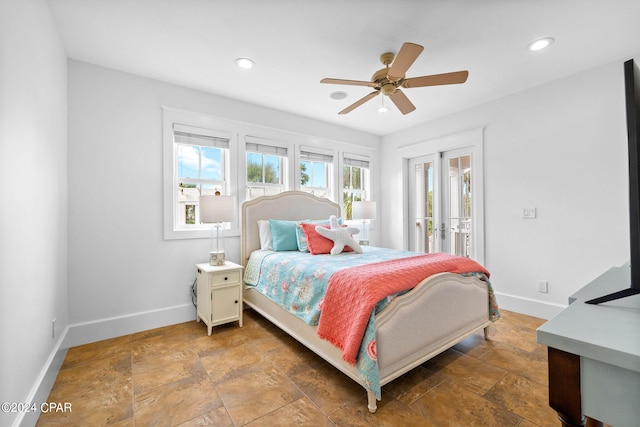 bedroom featuring access to outside and ceiling fan