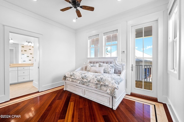 bedroom featuring access to exterior, connected bathroom, light wood-type flooring, and ceiling fan