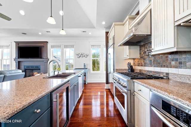 kitchen with decorative light fixtures, stainless steel appliances, sink, and a healthy amount of sunlight