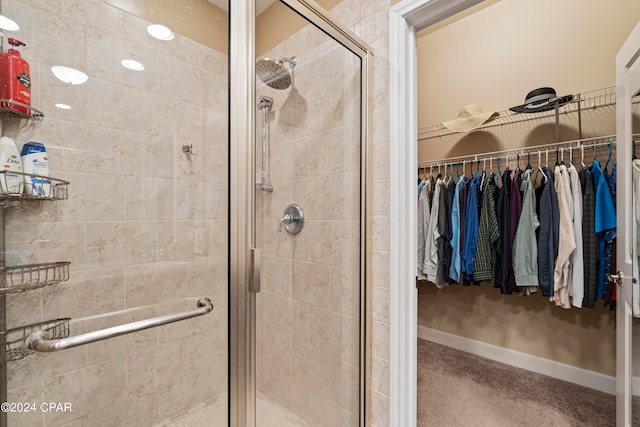 bathroom with a shower with shower door