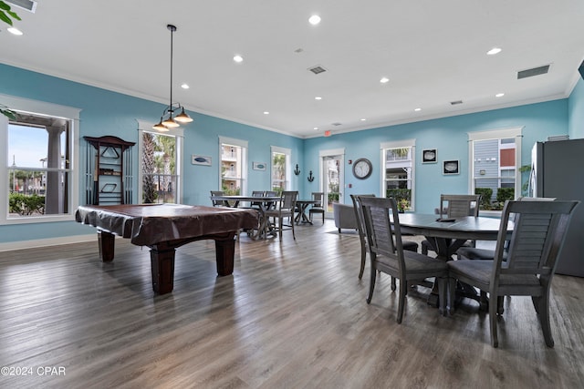 rec room with dark hardwood / wood-style flooring, crown molding, and pool table