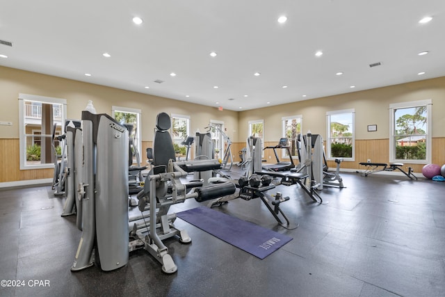 gym featuring wooden walls