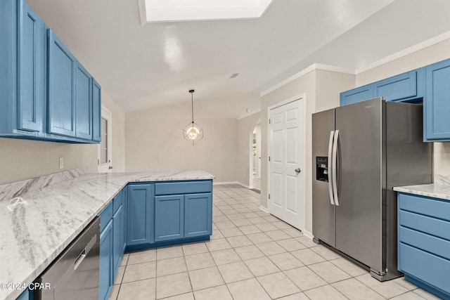 kitchen with blue cabinets, vaulted ceiling, kitchen peninsula, hanging light fixtures, and appliances with stainless steel finishes