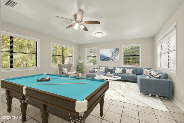 game room featuring billiards, light tile patterned flooring, and ceiling fan