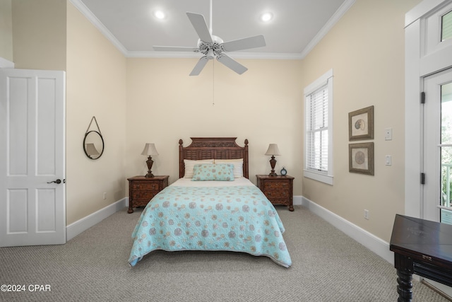 bedroom featuring ceiling fan, crown molding, and light carpet