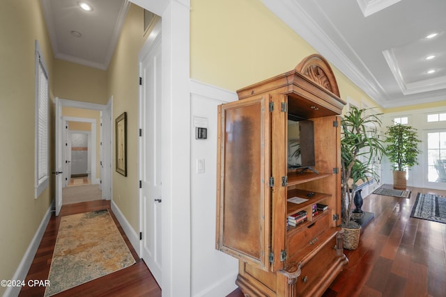 corridor featuring ornamental molding and dark wood-type flooring