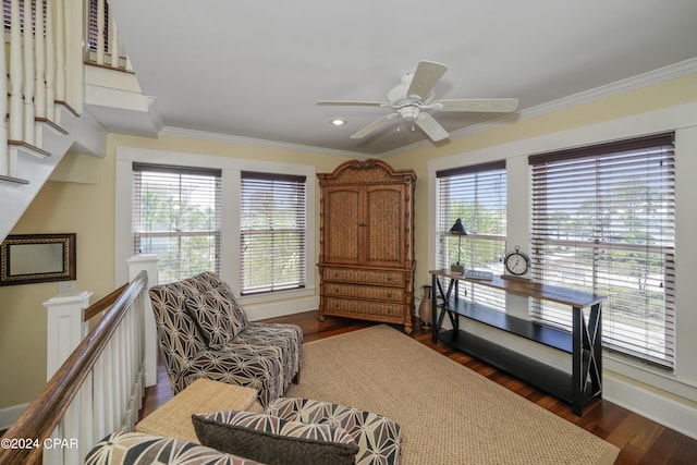 sitting room featuring ornamental molding, ceiling fan, and dark wood-type flooring