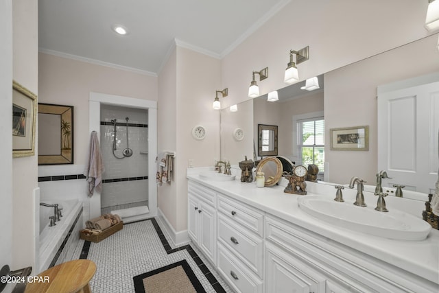 bathroom featuring tiled shower, vanity, tile patterned floors, and ornamental molding