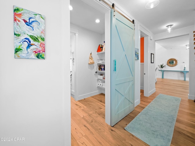 corridor with a barn door and hardwood / wood-style floors