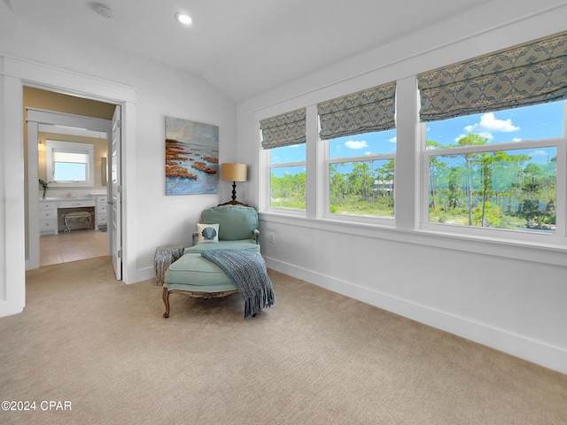 sitting room featuring light carpet and vaulted ceiling