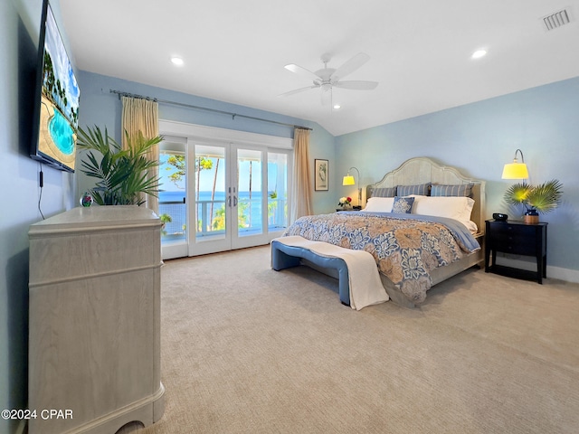 bedroom featuring ceiling fan, access to exterior, light colored carpet, and french doors