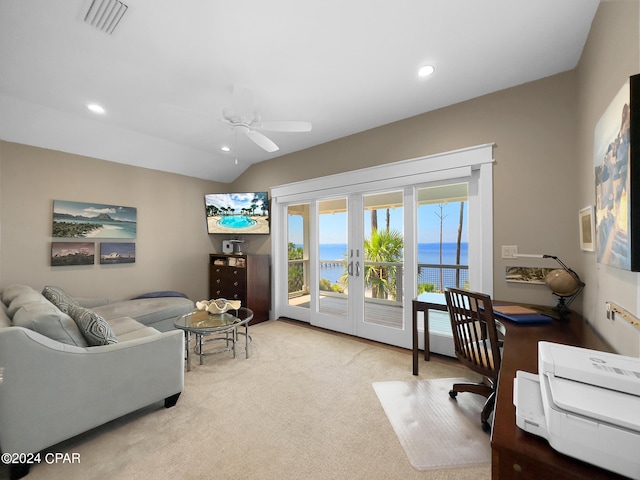 carpeted office space with ceiling fan and french doors