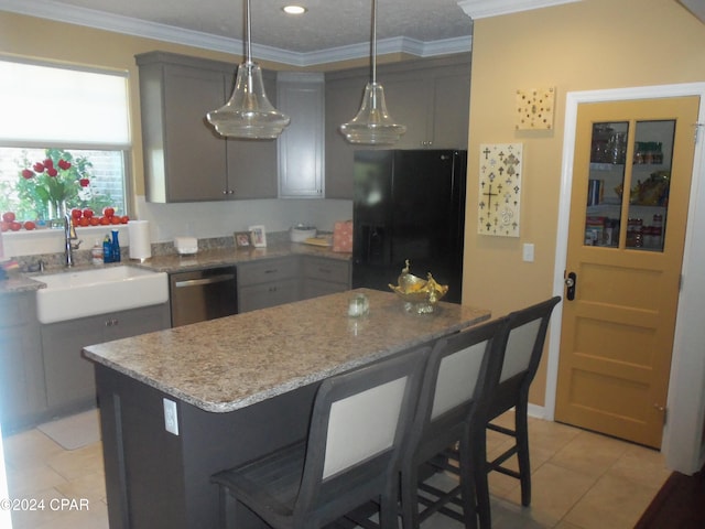 kitchen with dishwasher, black refrigerator with ice dispenser, gray cabinets, and sink