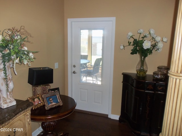 doorway with dark hardwood / wood-style flooring