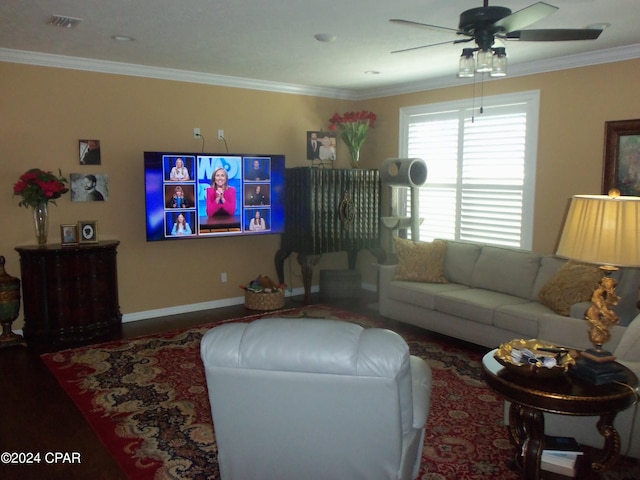 living room with ceiling fan, hardwood / wood-style flooring, and ornamental molding