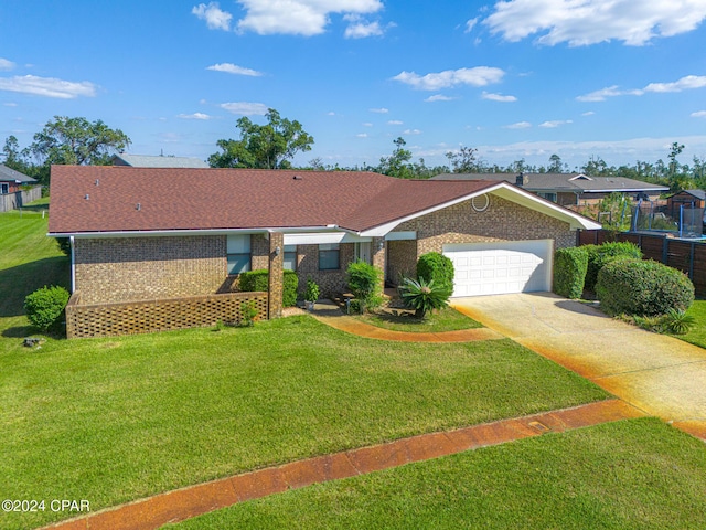 ranch-style house with a garage, a trampoline, and a front lawn