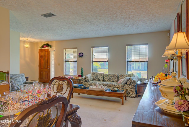 living room with a textured ceiling and light colored carpet