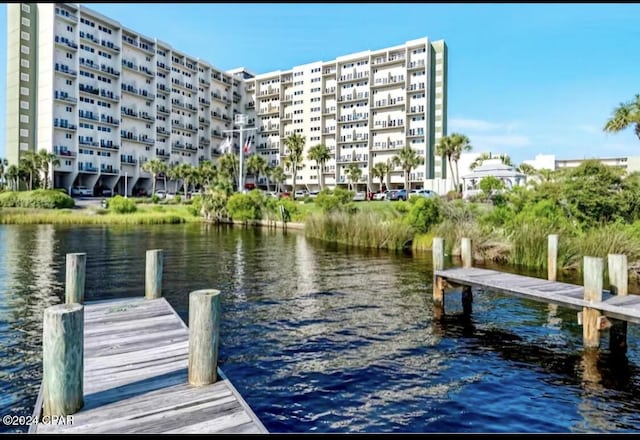 view of dock with a water view