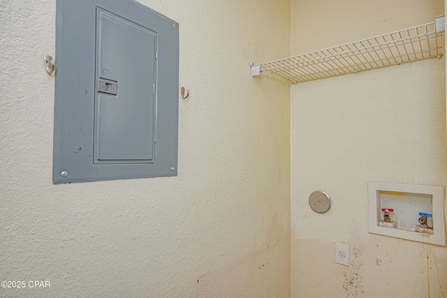 clothes washing area with electric dryer hookup, laundry area, washer hookup, and electric panel