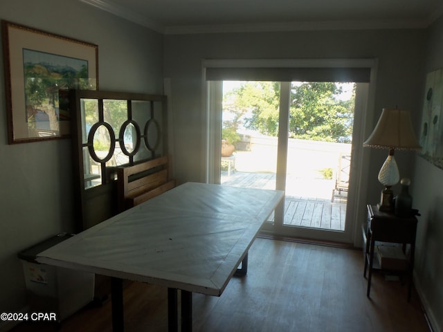 dining room featuring hardwood / wood-style floors, ornamental molding, and a healthy amount of sunlight