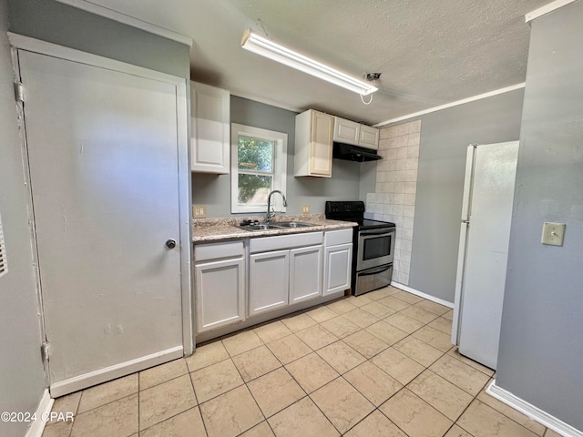 kitchen with white cabinets, light tile patterned floors, black electric range, sink, and white refrigerator