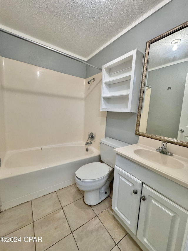 full bathroom with bathtub / shower combination, a textured ceiling, toilet, tile patterned floors, and vanity