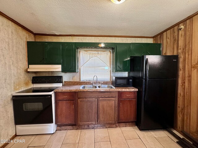 kitchen featuring ornamental molding, a textured ceiling, black appliances, and sink