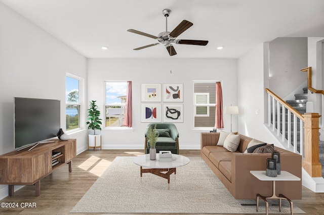 living room featuring ceiling fan and hardwood / wood-style flooring