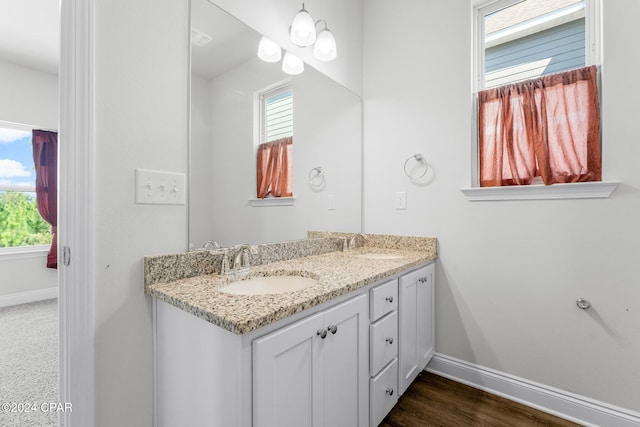 bathroom featuring vanity, hardwood / wood-style flooring, and a wealth of natural light