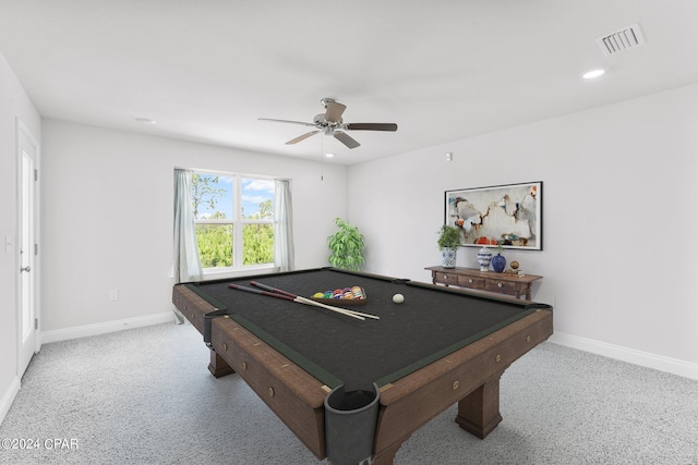 game room with light carpet, billiards, and ceiling fan