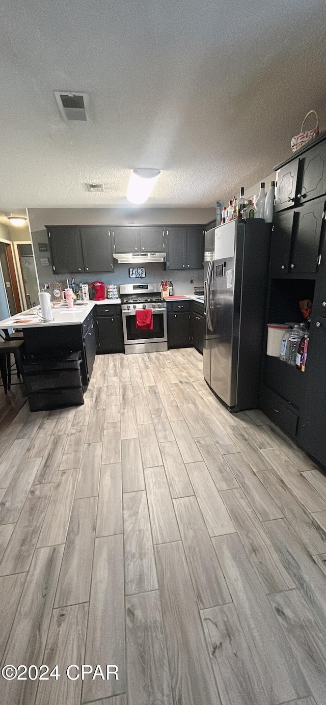 kitchen with light wood-type flooring, a textured ceiling, and appliances with stainless steel finishes